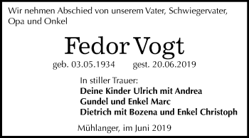 Traueranzeige von Fedor Vogt von Mitteldeutsche Zeitung
