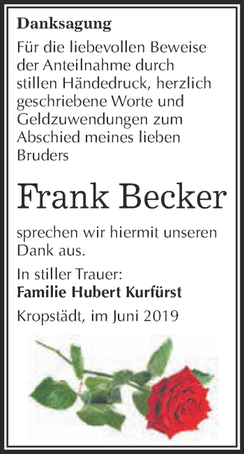 Traueranzeige von Frank Becker von Super Sonntag Wittenberg