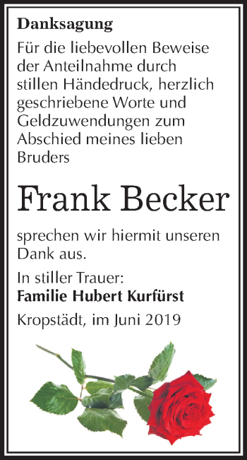 Traueranzeige von Frank Becker von Mitteldeutsche Zeitung