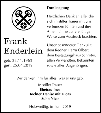Traueranzeige von Frank Enderlein von Mitteldeutsche Zeitung Bitterfeld
