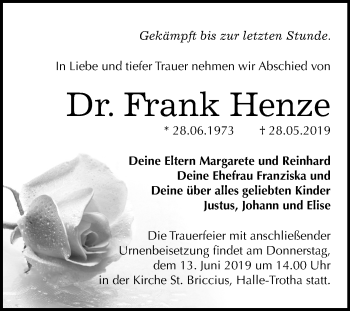 Traueranzeige von Frank Henze von Mitteldeutsche Zeitung Halle/Saalkreis