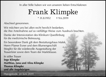 Traueranzeige von Frank Klimpke von Mitteldeutsche Zeitung Quedlinburg