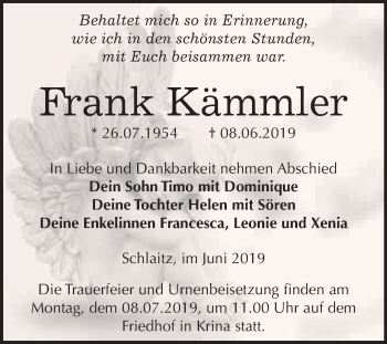 Traueranzeige von Frank Kämmler von WVG - Wochenspiegel Bitterfeld
