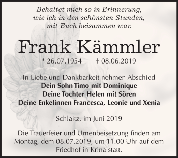 Traueranzeige von Frank Kämmler von Mitteldeutsche Zeitung Bitterfeld