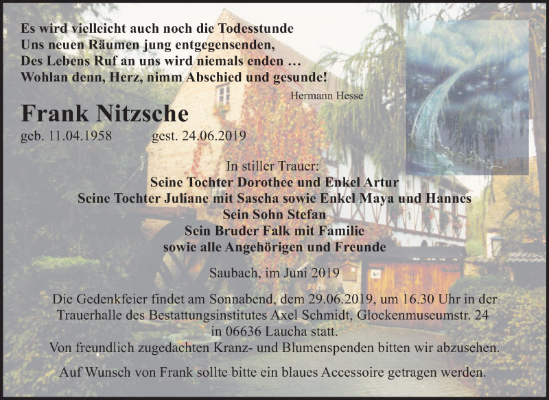  Traueranzeige für Frank Nitzsche vom 27.06.2019 aus Mitteldeutsche Zeitung