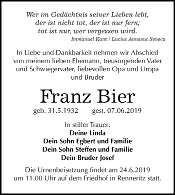 Traueranzeige von Franz Bier von Mitteldeutsche Zeitung Bitterfeld