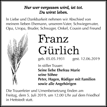 Traueranzeige von Franz Gürlich von Super Sonntag SGH Mansf. Land