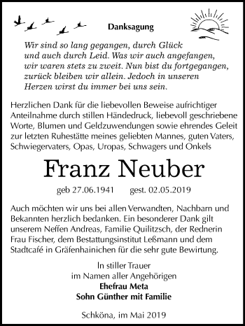 Traueranzeige von Franz Neuber von Mitteldeutsche Zeitung