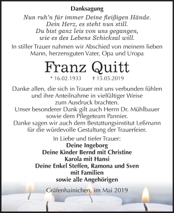 Traueranzeige von Franz Quitt von Mitteldeutsche Zeitung