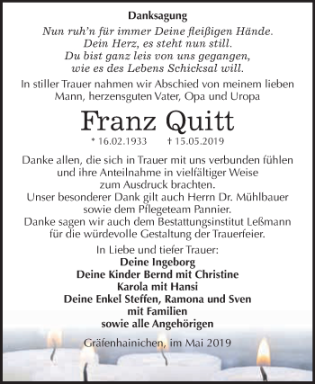 Traueranzeige von Franz Quitt von WVG - Wochenspiegel Wittenberg