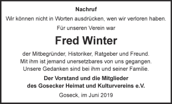Traueranzeige von Fred Winter von WVG - Wochenspiegel NMB / WSF / ZTZ