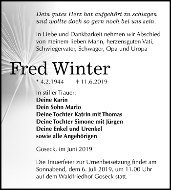 Traueranzeige von Fred Winter von Mitteldeutsche Zeitung Weißenfels