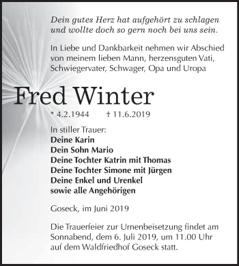 Traueranzeige von Fred Winter von WVG - Wochenspiegel NMB / WSF / ZTZ