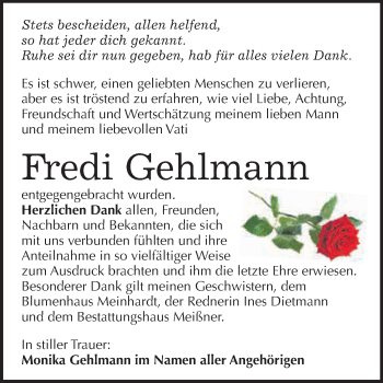 Traueranzeige von Fredi Gehlmann von Super Sonntag SGH Mansf. Land