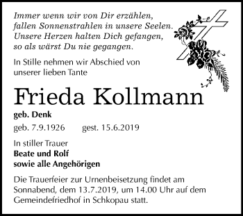 Traueranzeige von Frieda Kollmann von WVG - Wochenspiegel Merseburg