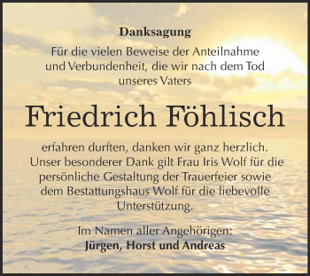 Traueranzeige von Friedrich Föhlisch von WVG - Wochenspiegel NMB / WSF / ZTZ