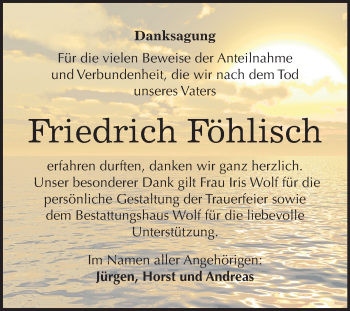Traueranzeige von Friedrich Föhlisch von Mitteldeutsche Zeitung Weißenfels