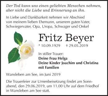 Traueranzeige von Fritz Beyer von Mitteldeutsche Zeitung Mansfelder Land