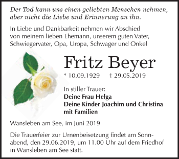 Traueranzeige von Fritz Beyer von Wochenspiegel Mansfelder Land
