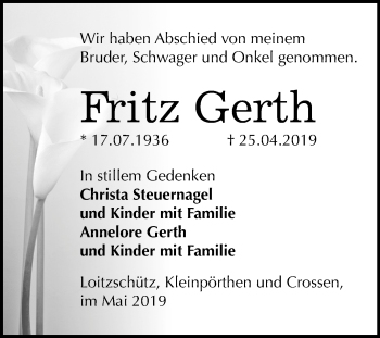 Traueranzeige von Fritz Gerth von Mitteldeutsche Zeitung Zeitz