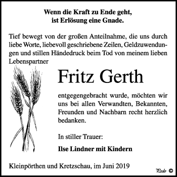 Traueranzeige von Fritz Gerth von WVG - Wochenspiegel NMB / WSF / ZTZ