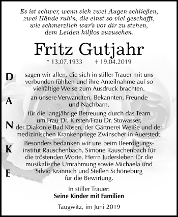 Traueranzeige von Fritz Gutjahr von Mitteldeutsche Zeitung