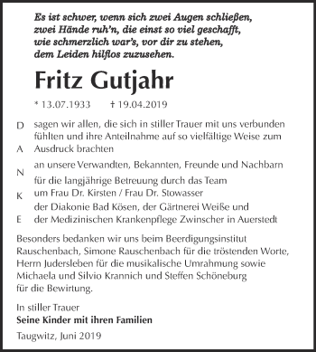Traueranzeige von Fritz Gutjahr von WVG - Wochenspiegel NMB / WSF / ZTZ