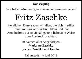 Traueranzeige von Fritz Zaschke von WVG - Wochenspiegel Quedlinburg