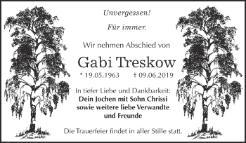 Traueranzeige von Gabi Treskow von WVG - Wochenspiegel Dessau / Köthen