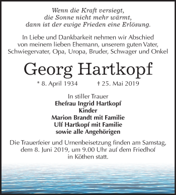 Traueranzeige von Georg Hartkopf von Mitteldeutsche Zeitung Köthen
