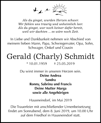 Traueranzeige von Gerald Schmidt von Mitteldeutsche Zeitung Quedlinburg