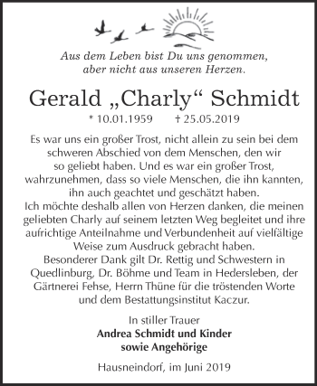 Traueranzeige von Gerald Charly Schmidt von WVG - Wochenspiegel Quedlinburg
