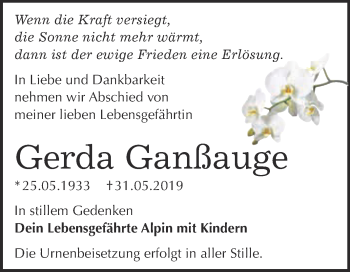 Traueranzeige von Gerda Ganßauge von WVG - Wochenspiegel Bitterfeld