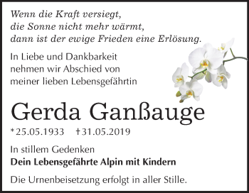 Traueranzeige von Gerda Ganßauge von Mitteldeutsche Zeitung Bitterfeld