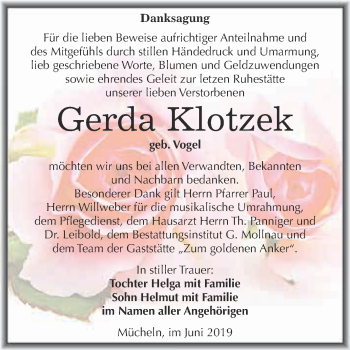 Traueranzeige von Gerda Klotzek von WVG - Wochenspiegel Merseburg