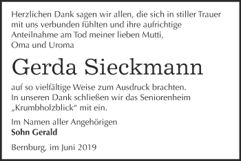 Traueranzeige von Gerda Sieckmann von Super Sonntag Bernburg