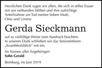 Traueranzeige von Gerda Sieckmann von Mitteldeutsche Zeitung Bernburg