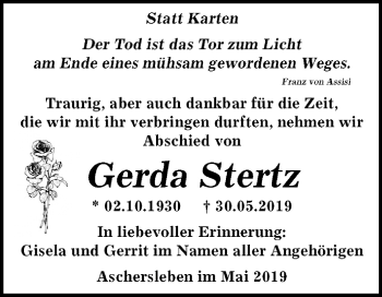 Traueranzeige von Gerda Stertz von Mitteldeutsche Zeitung Aschersleben