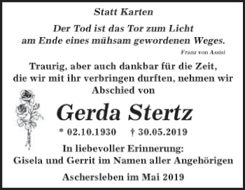 Traueranzeige von Gerda Stertz von Super Sonntag Aschersleben