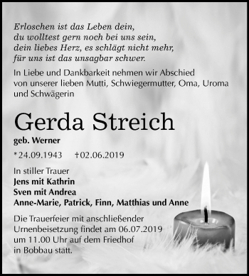 Traueranzeige von Gerda Streich von Mitteldeutsche Zeitung Bitterfeld