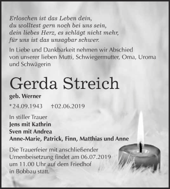 Traueranzeige von Gerda Streich von WVG - Wochenspiegel Bitterfeld
