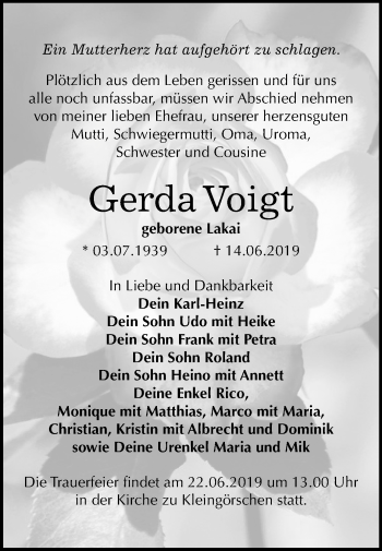 Traueranzeige von Gerda Voigt von Mitteldeutsche Zeitung Weißenfels