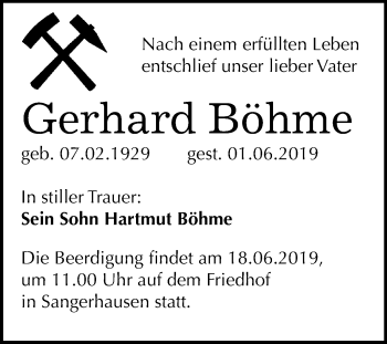 Traueranzeige von Gerhard Böhme von Mitteldeutsche Zeitung Sangerhausen