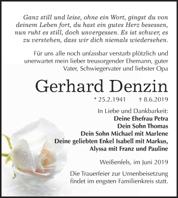 Traueranzeige von Gerhard Denzin von WVG - Wochenspiegel NMB / WSF / ZTZ