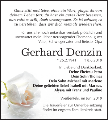Traueranzeige von Gerhard Denzin von Mitteldeutsche Zeitung Weißenfels
