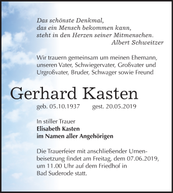 Traueranzeige von Gerhard Kasten von Mitteldeutsche Zeitung