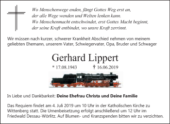 Traueranzeige von Gerhard Lippert von WVG - Wochenspiegel Wittenberg