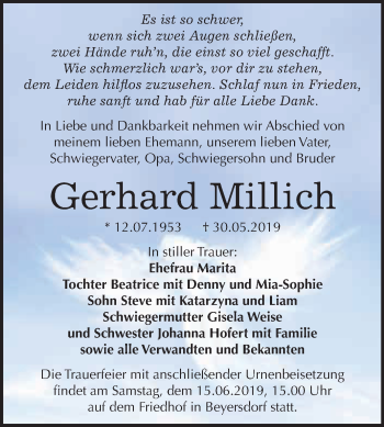 Traueranzeige von Gerhard Millich von WVG - Wochenspiegel Bitterfeld