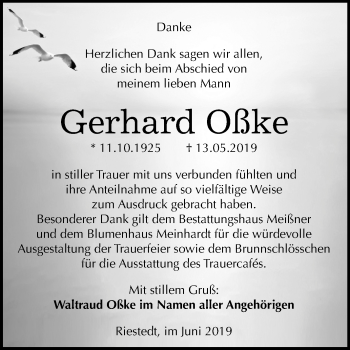 Traueranzeige von Gerhard Oßke von Mitteldeutsche Zeitung Sangerhausen