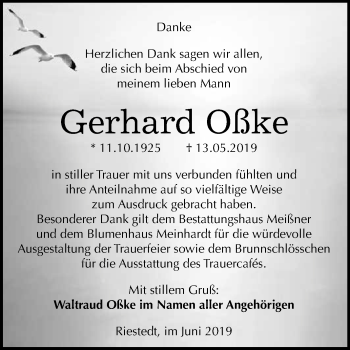 Traueranzeige von Gerhard Oßke von Super Sonntag SGH Mansf. Land